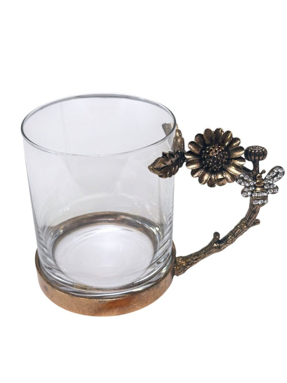 Qualia Art Mug Clear Glass and Metal Bejeweled Bee and Sunflower Handle